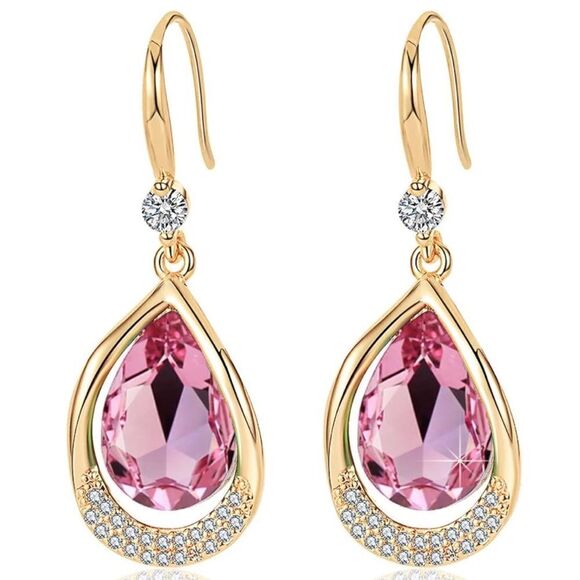 14K Yellow Gold and Pink Sapphire Austrian Crystal Teardrop Halo Hook Earrings